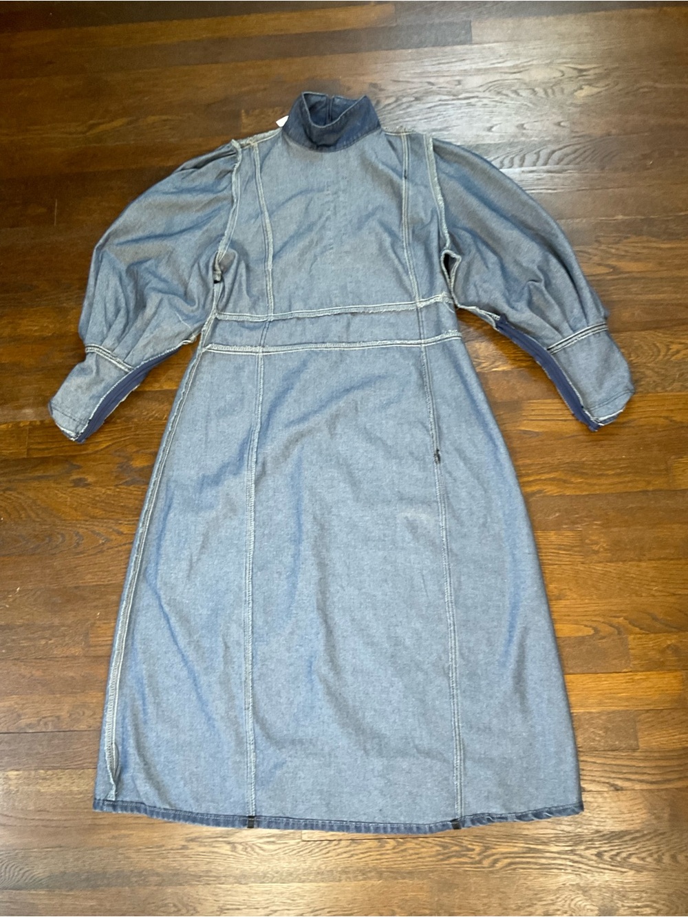 NWT ATTRIME Denim Midi Dress Puff Sleeve High Neck Black Trim Equestrian L/XL - Picture 14 of 16